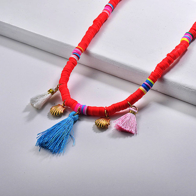 Bohemia Gold Shell Charm Red Colorful Beaded Tassel Choker Necklace