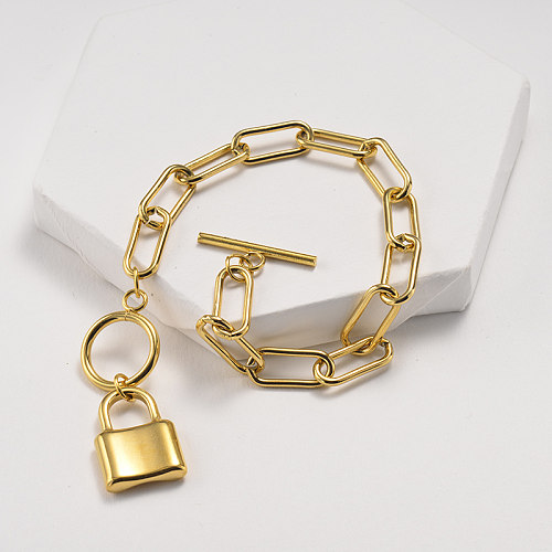 Fashion trend chain link style gold stainless steel bracelet with lock pendant