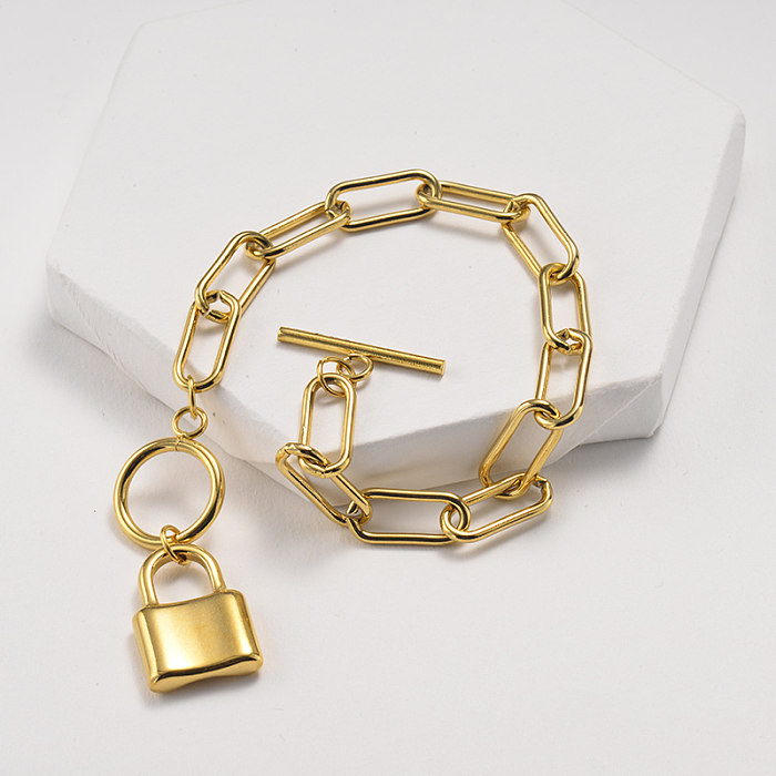 Modetrend Kettenglied Stil Gold Edelstahl Armband mit Schloss Anhänger