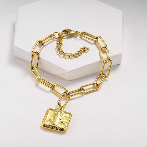 Link style gold stainless steel bracelet with pendant