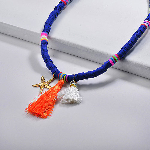 Collier à pampilles orange perlé coloré de style bohème avec coquille naturelle bleue