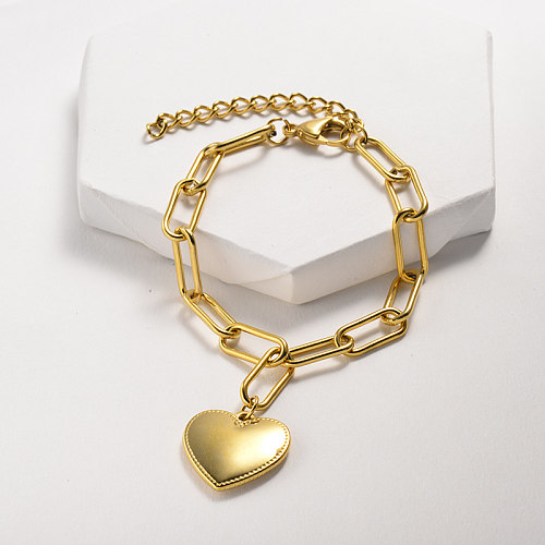 Link style stainless steel bracelet with heart pendant