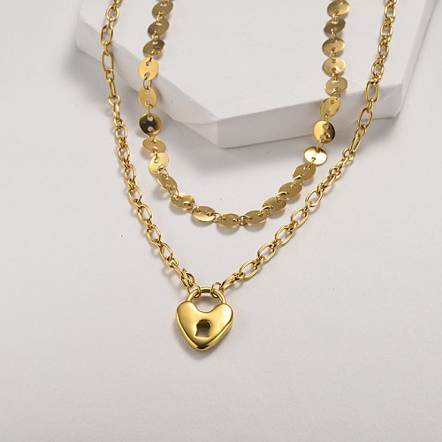 Heart-shaped lock layered gold necklace