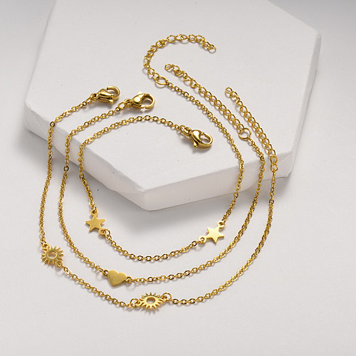 Conjunto de pulseira feminina de aço inoxidável dourado