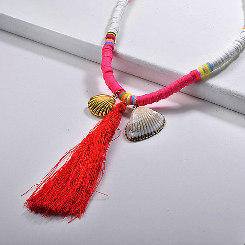 Bohemia Jewelry Puka Shell Collar de borlas largas rojas con cuentas coloridas