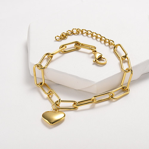 Bracelet en acier inoxydable doré de style maillon de chaîne avec pendentif coeur