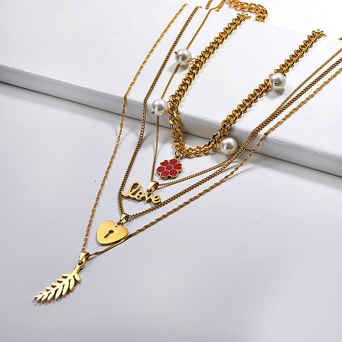 Hot Selling Gold Flower Leaf Love Heart Pendant With Pearl Multilayer Necklace