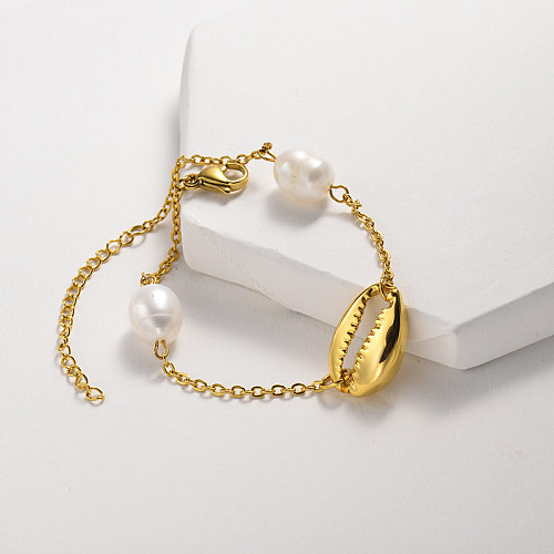 Simple style stainless steel bracelet with shell and pearl pendant