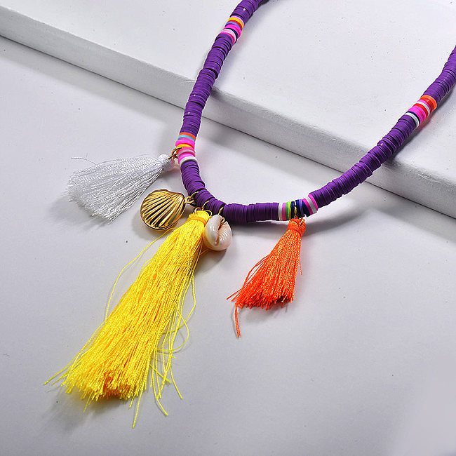 Colar de gargantilha de borla longa com pérolas coloridas de joias de verão casca natural roxa colorida