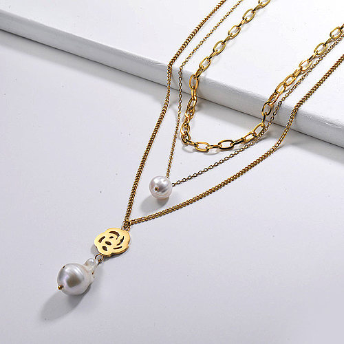 Luxury Gold Rose Flower Pendant With Freshwater Pearl Multilayer Chain Necklace