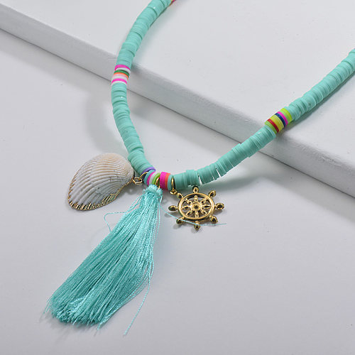 Fashion Mint Green Beaded With Natural Shell Tassel Beach Jewelry Necklace