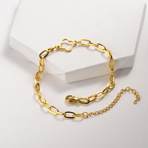 Bracelete popular de pequeno elo de corrente de aço inoxidável dourado com trevo oco de quatro folhas