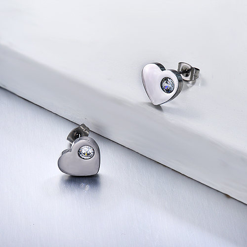 Silver Stainless Steel Jewelry Simple Style Diamond Stud Heart Earrings