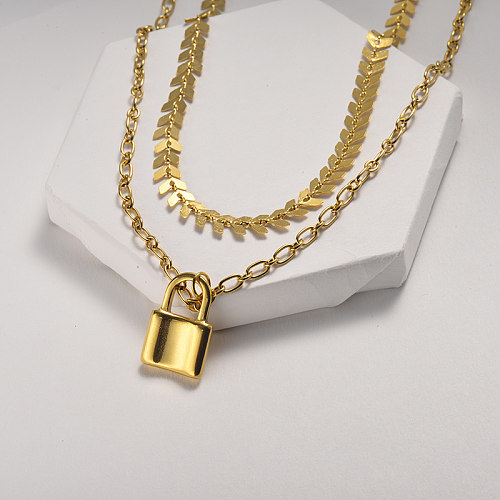 Lock Pendant Gold Layered Necklace
