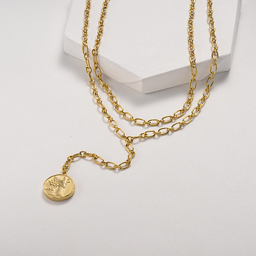 Simple style round pendant gold layered necklace