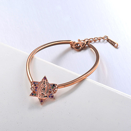 Stainless steel rose gold open bracelet with hexagonal pendant