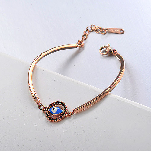 Rose gold stainless steel open bracelet with black zircon eye pendant