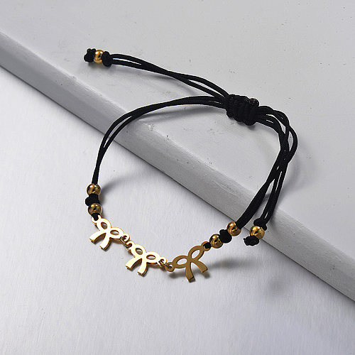 Pulseira de corda preta tecida à mão com pendente em arco de aço inoxidável