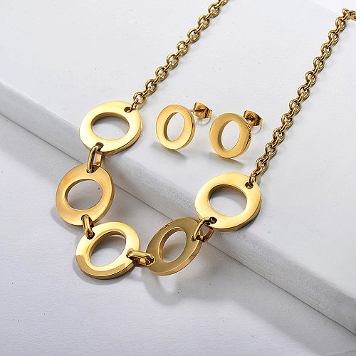 Conjunto de pendientes de collar de anillo de círculo chapado en oro de acero inoxidable de moda