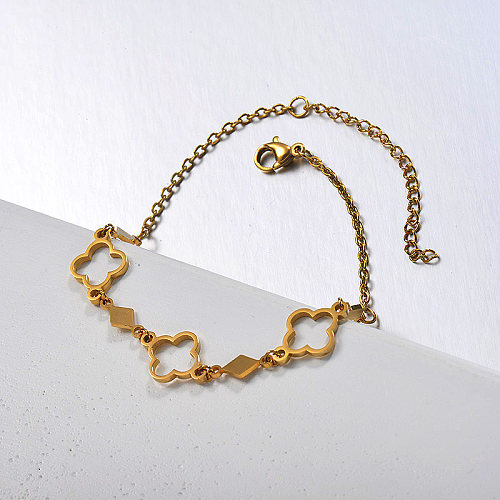 Golden stainless steel hollow four-leaf clover and diamond-shaped cross O-shaped bracelet