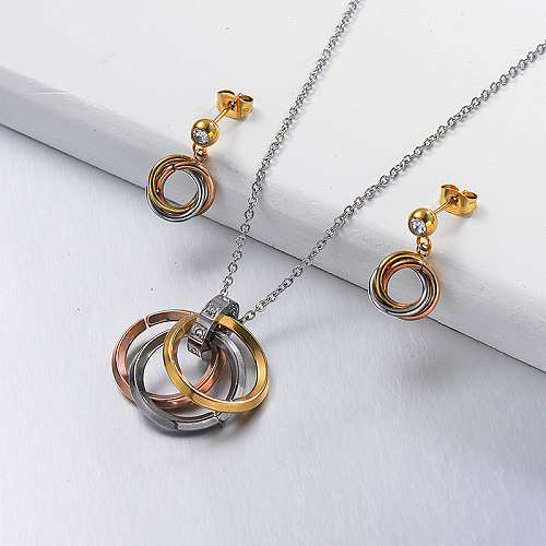 Conjuntos de pendientes de collar de anillo de múltiples círculos chapados en oro de acero inoxidable de moda