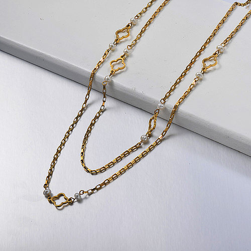 Hollow four-leaf clover layered gold necklace