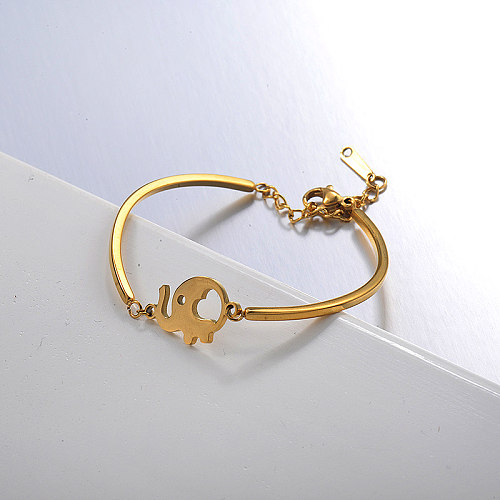 pulseira aberta de ouro de aço inoxidável com pingente de elefante