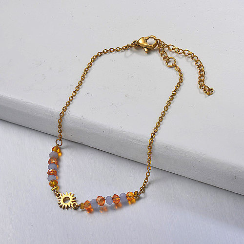 Colorful crystal beads stainless steel bracelet with sun pendant