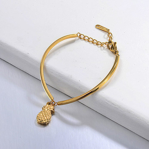 Simple style golden stainless steel open bracelet with pineapple pendant