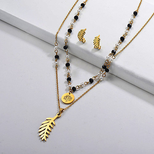Edelstahl Perlen Mehrschichtige Halskette Sets -SSCSG142-29619