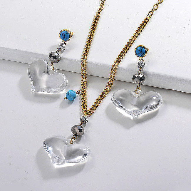 Conjuntos de Collar de Cristal de Corazón de Acero Inoxidable -SSCSG142-29602