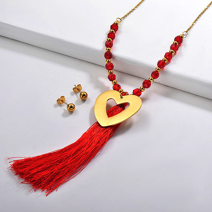 Stainless Steel Red Beaded Tassel Necklace Sets -SSCSG142-29585