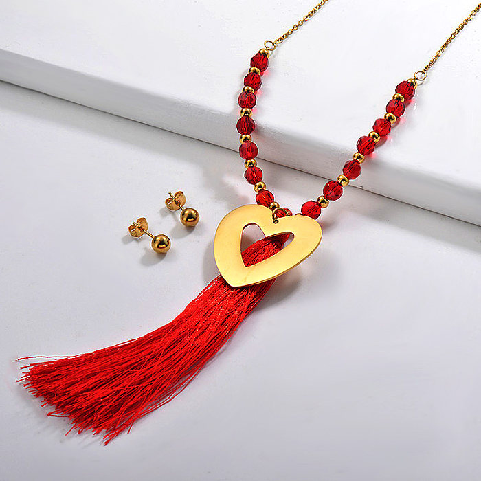 Ensembles de collier de pompon en perles rouges en acier inoxydable -SSCSG142-29585