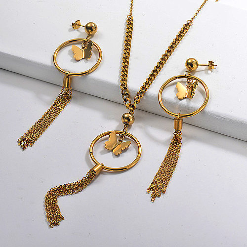 Stainless Steel Butterfly Tassel Necklace Sets -SSCSG142-29621