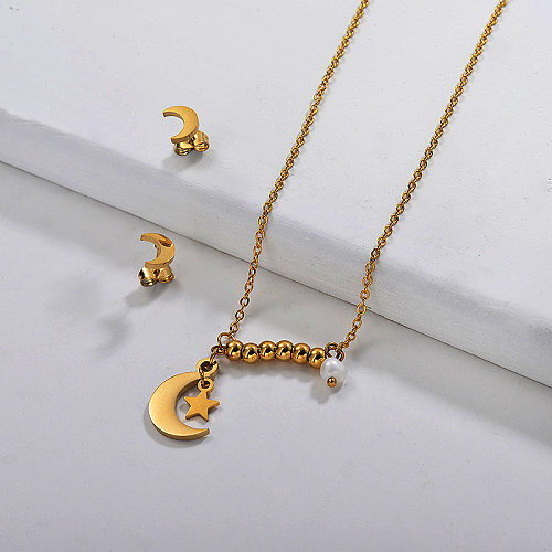 Stainless Steel Heart and Moon Multilayer Necklace Sets -SSCSG142-29576