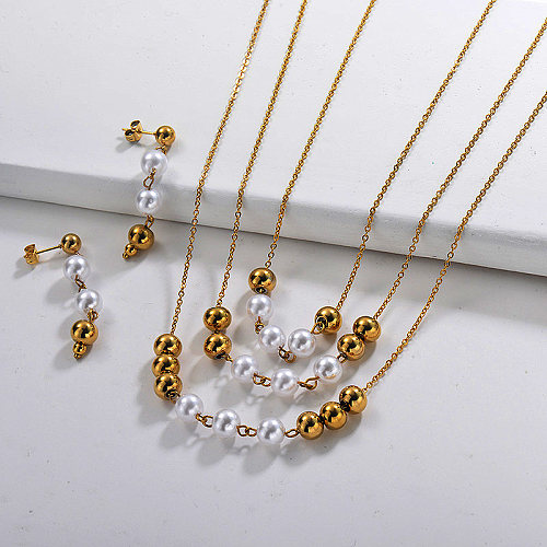 Edelstahl Perlen Mehrschichtige Halskette Sets -SSCSG142-29606