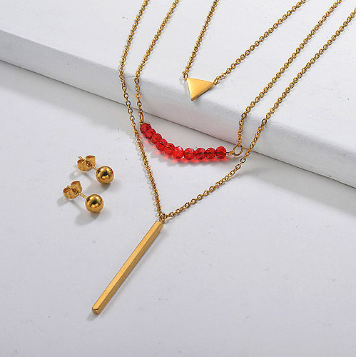 Edelstahl Rot Perlen Mehrschichtige Halskette Sets -SSCSG142-29588