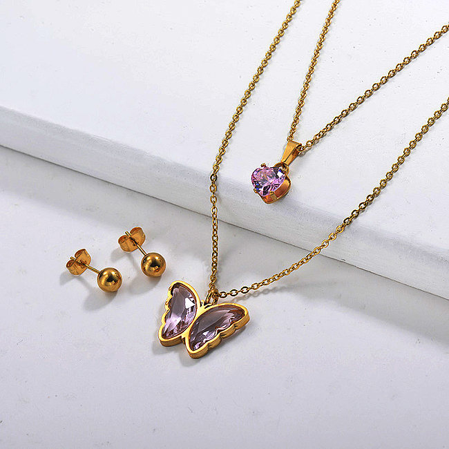 Stainless Steel Butterfly Multilayer Necklace Sets -SSCSG142-29557