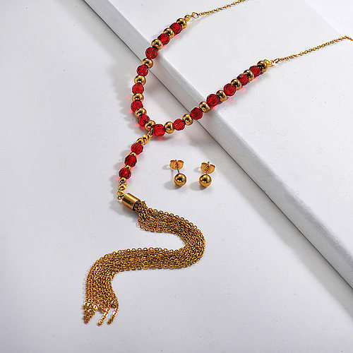 Stainless Steel Red Beaded Necklace Sets -SSCSG142-29584