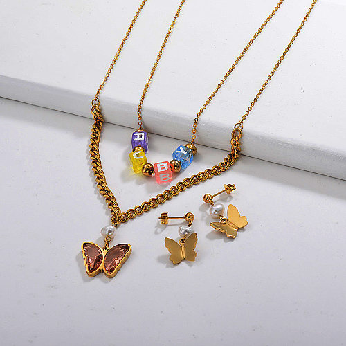Stainless Steel Butterfly Multilayer Necklace Sets -SSCSG142-29627