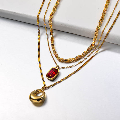 Stainless Steel Multilayered Red Crystal Necklace