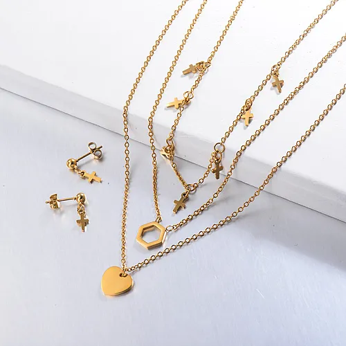 Stainless Steel Multilayered Cross Heart Necklace Sets with Earrings