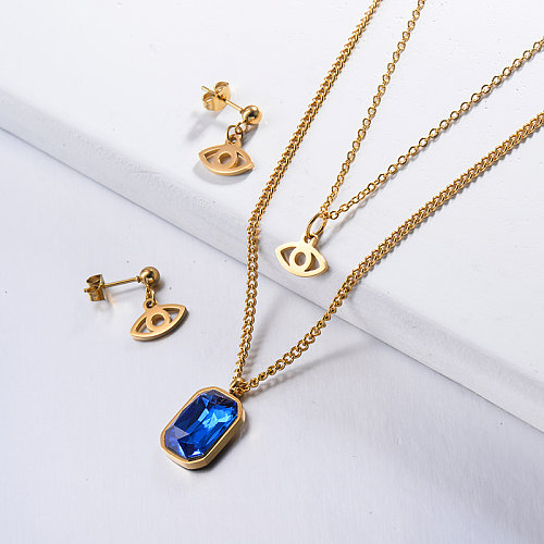 Stainless Steel Blue Crystal Multilayered Necklace Sets with Earrings