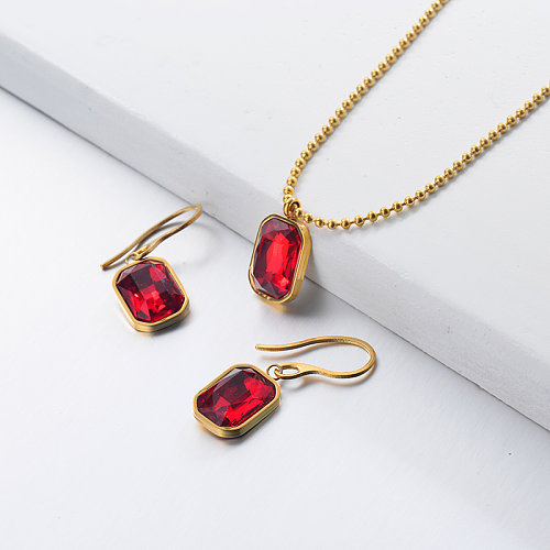 Conjuntos de joyas de cristal rojo de acero inoxidable