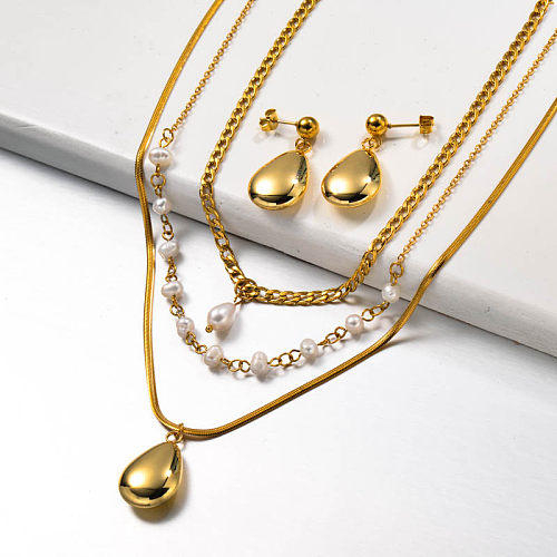 Conjunto de collar de acero inoxidable multicapa con perlas de agua dulce
