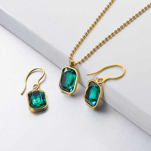 Conjuntos de joyas de cristal verde de acero inoxidable