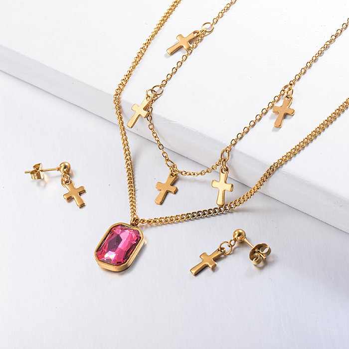 Stainless Steel Hot Pink Multilayered Cross Necklace Sets with Earrings