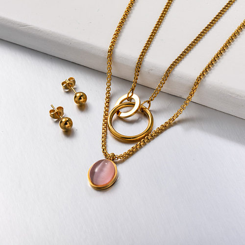 Doppellagige rosa Quarzschmuck-Sets aus Edelstahl