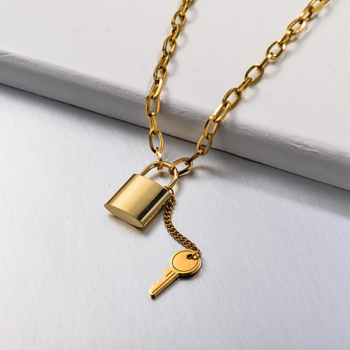 Stainless Steel Lock Key Pendant Necklace