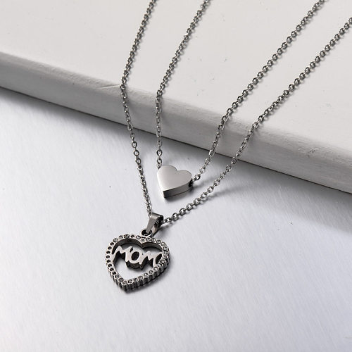 Stainless Steel Heart Crystal Mom Layered Necklace